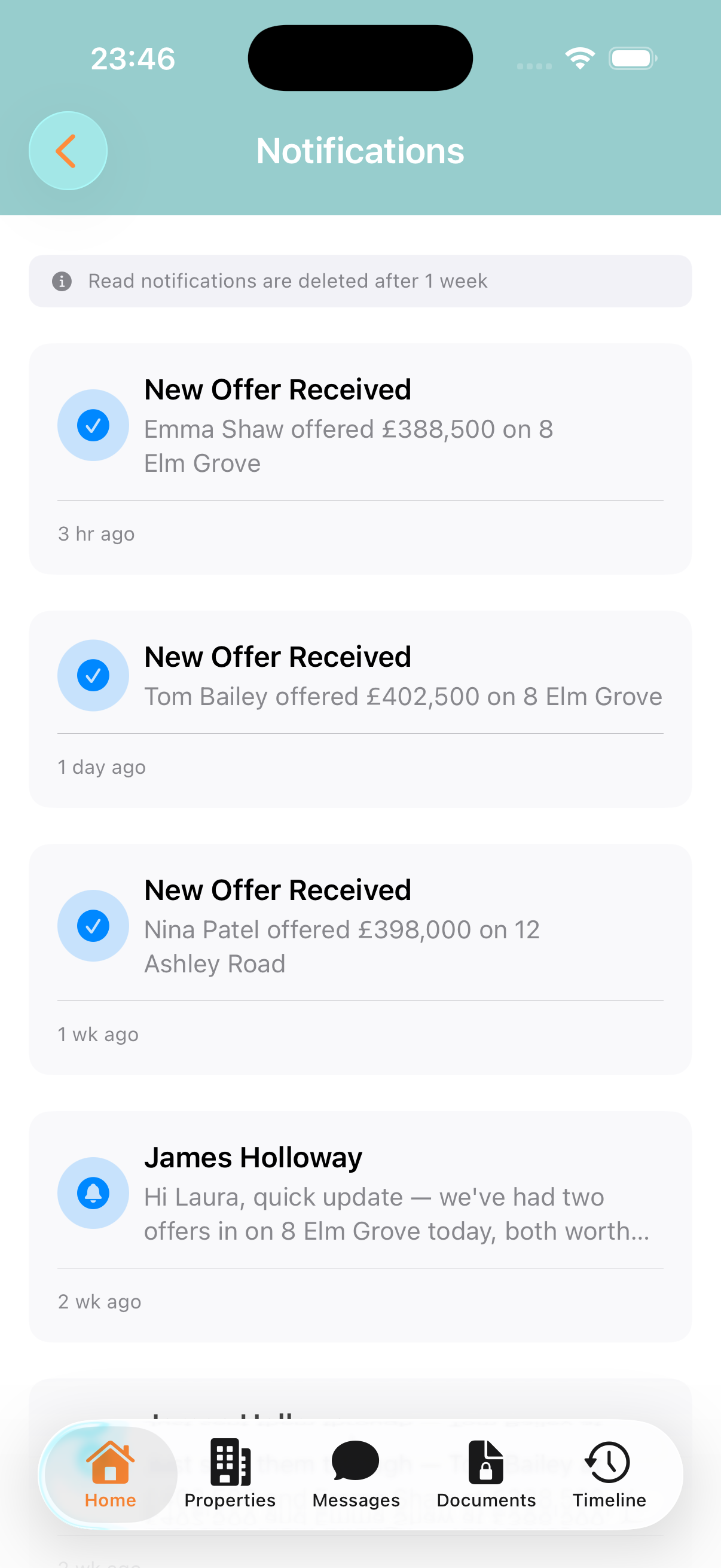 The whole iPhone screen of Laura's Yomi notifications. New Offer Received — Emma Shaw offered £388,500 on 8 Elm Grove, 3 hr ago. New Offer Received — Tom Bailey offered £402,500 on 8 Elm Grove, 1 day ago. Below them, an older offer on 12 Ashley Road and a message from her agent James Holloway.