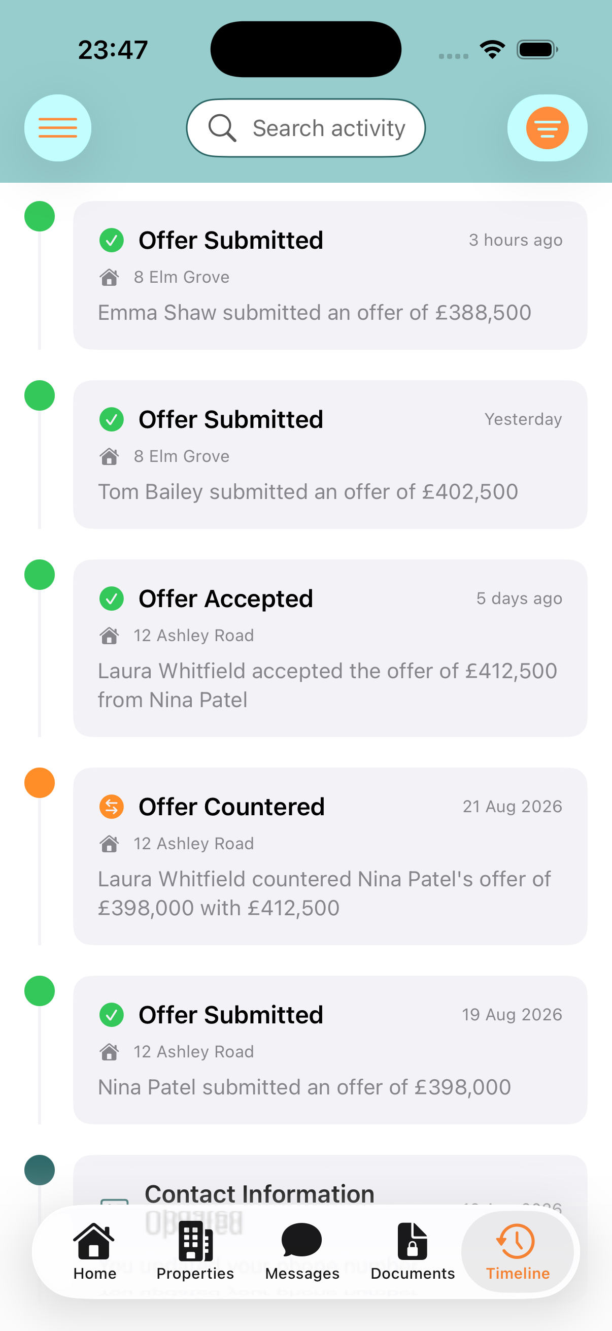 The whole iPhone screen of Laura's Yomi timeline. Offer Submitted — 8 Elm Grove — Emma Shaw submitted an offer of £388,500, 3 hours ago. Offer Submitted — 8 Elm Grove — Tom Bailey submitted an offer of £402,500, yesterday. Offer Accepted — 12 Ashley Road — Laura Whitfield accepted the offer of £412,500 from Nina Patel, 5 days ago. Offer Countered — 12 Ashley Road — Laura Whitfield countered Nina Patel's offer of £398,000 with £412,500.