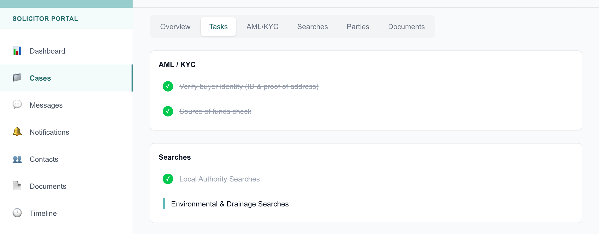 The browser window of the Yomi solicitor portal's sidebar, labelled Solicitor Portal, beside a case's Tasks tab. Two categories of conveyancing work are shown: AML / KYC (Verify buyer identity, Source of funds check, both complete) and Searches (Local Authority Searches complete, Environmental & Drainage Searches in progress).